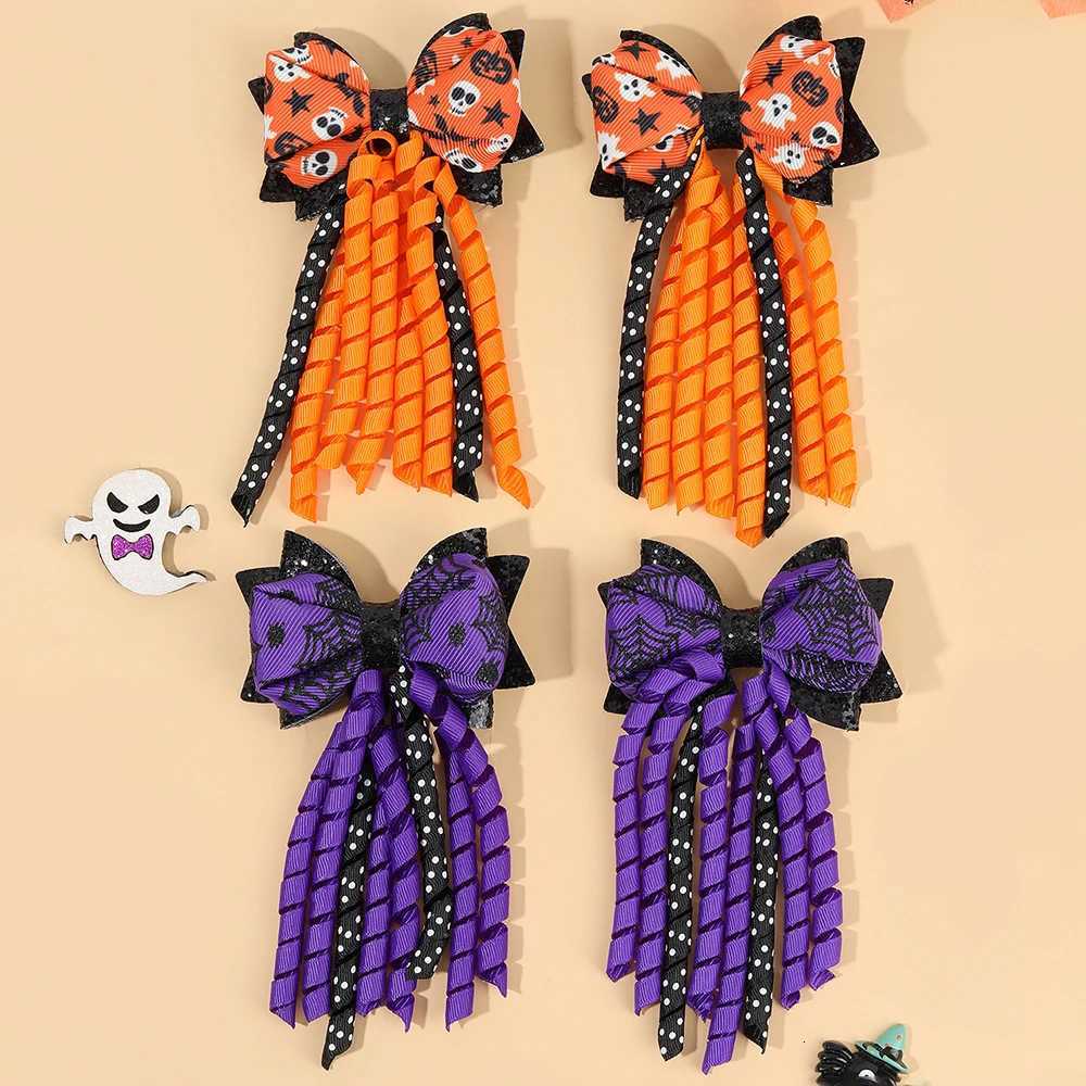 2 / 4pcs Clips de cheveux Halloween Set Spooky Bow Hairpins Curly Ribbon Capillons Ghost Spider Web Hairpins For Girls Accessoires de cheveux Z25