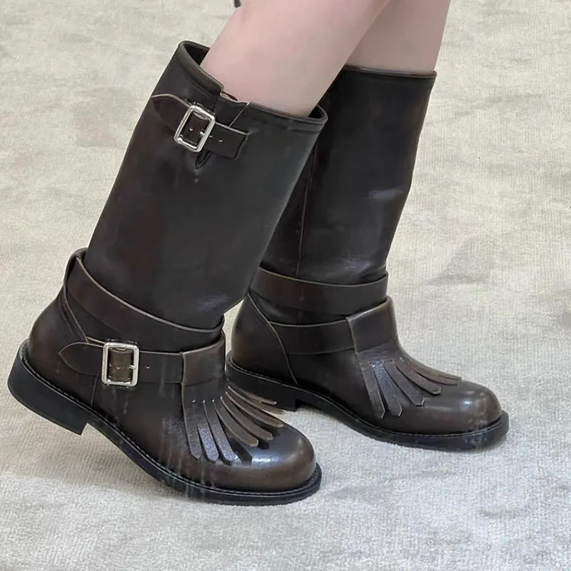 Retro Brown Long-tube Womens Boots Autumn and Winter Fashion Boots Female Street Style Belt Buckle Motorcycle Boots Ladies 250812