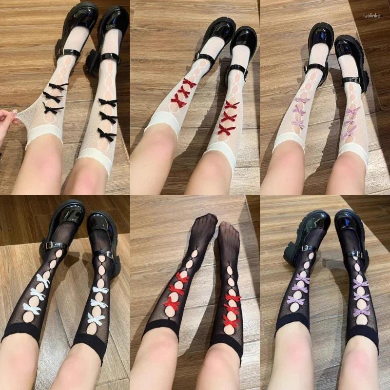 Women Socks Fishnet Bowknot Hollow Out Calf Spring And Summer Thin Lolita Sheer Skin Stacking Breathable Sweet JK