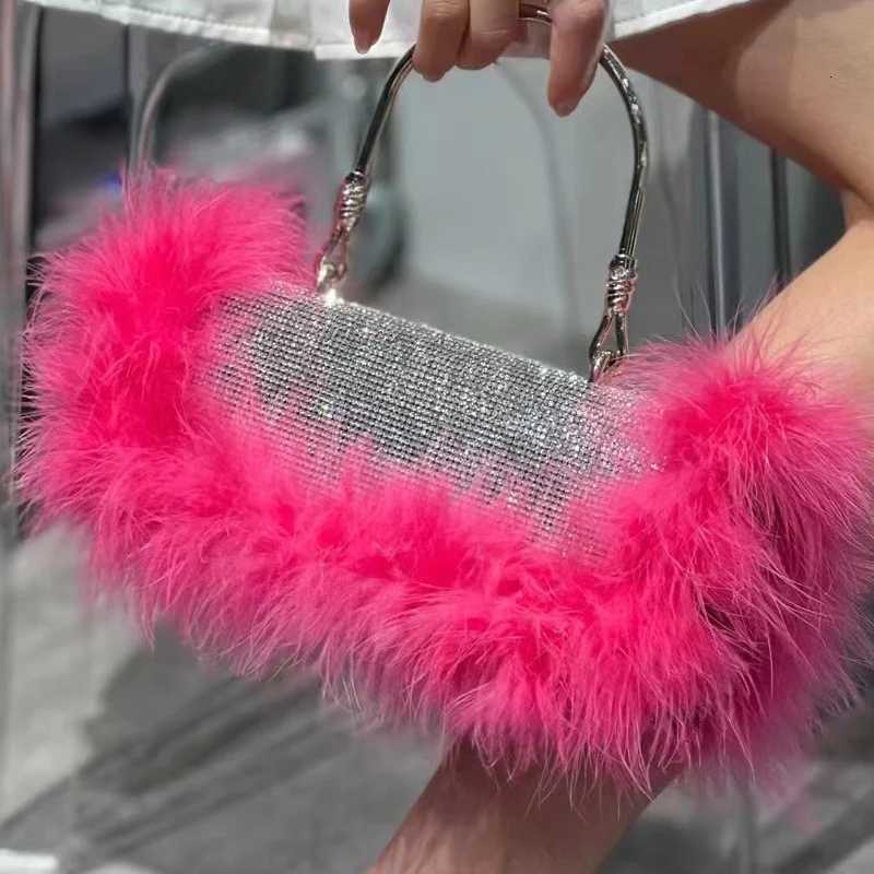 Autruche plumes diamants sacs de soirée halicestone femmes sac à main fausse épaule de fourrure crossbody sac de paillette petite bourse z250815