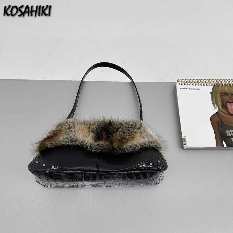 Fur PaTChwork Vintage Office Lady Underarm Bag Women Design Chic Vintage Handbags Y2k Star Embroidery Shoulder Bags Z250815