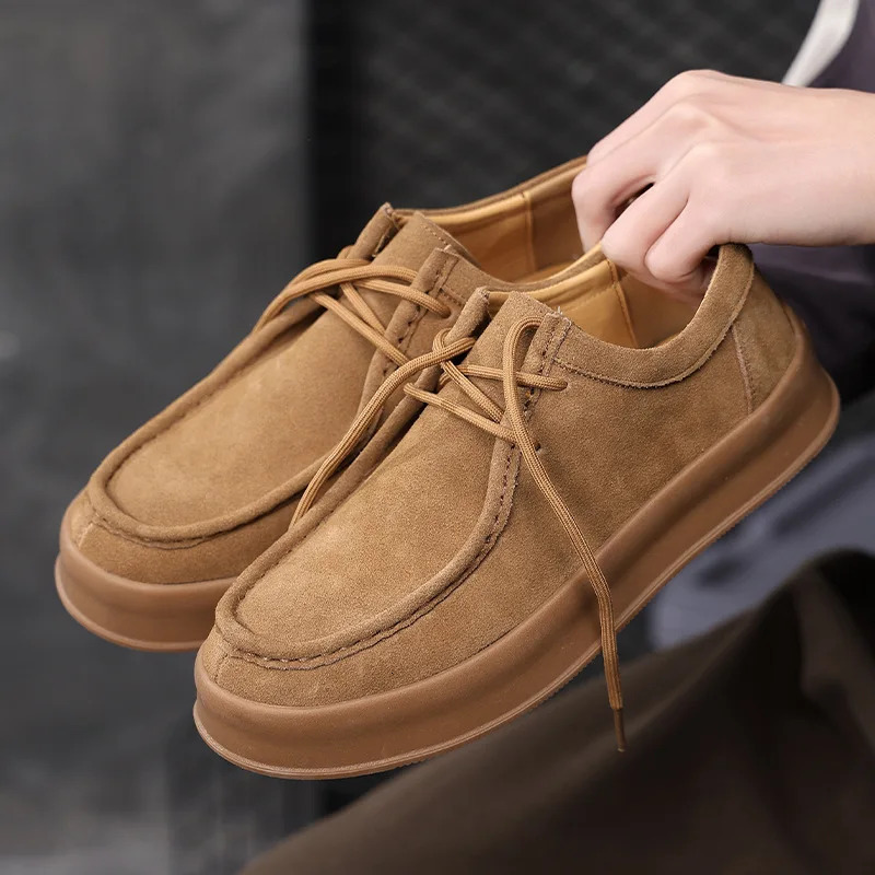 Mens Casual Shoes Lace-up Cow Suede Genuine Leather Thick Sole Mens Classic Retro British Style Outdoor Driving Flats 250812