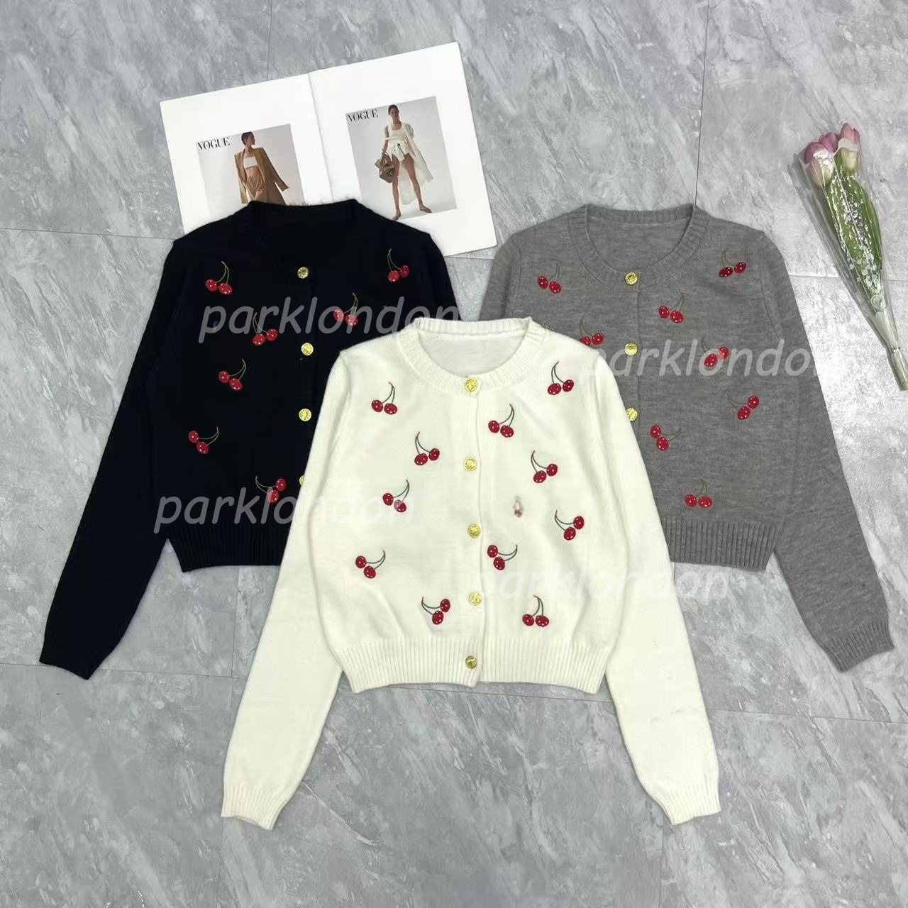 Fashion Designer Women's Print Cherry Knitted Cardigan Casual Jacket Women Sweaters Spring Autumn Casual Tops 32173