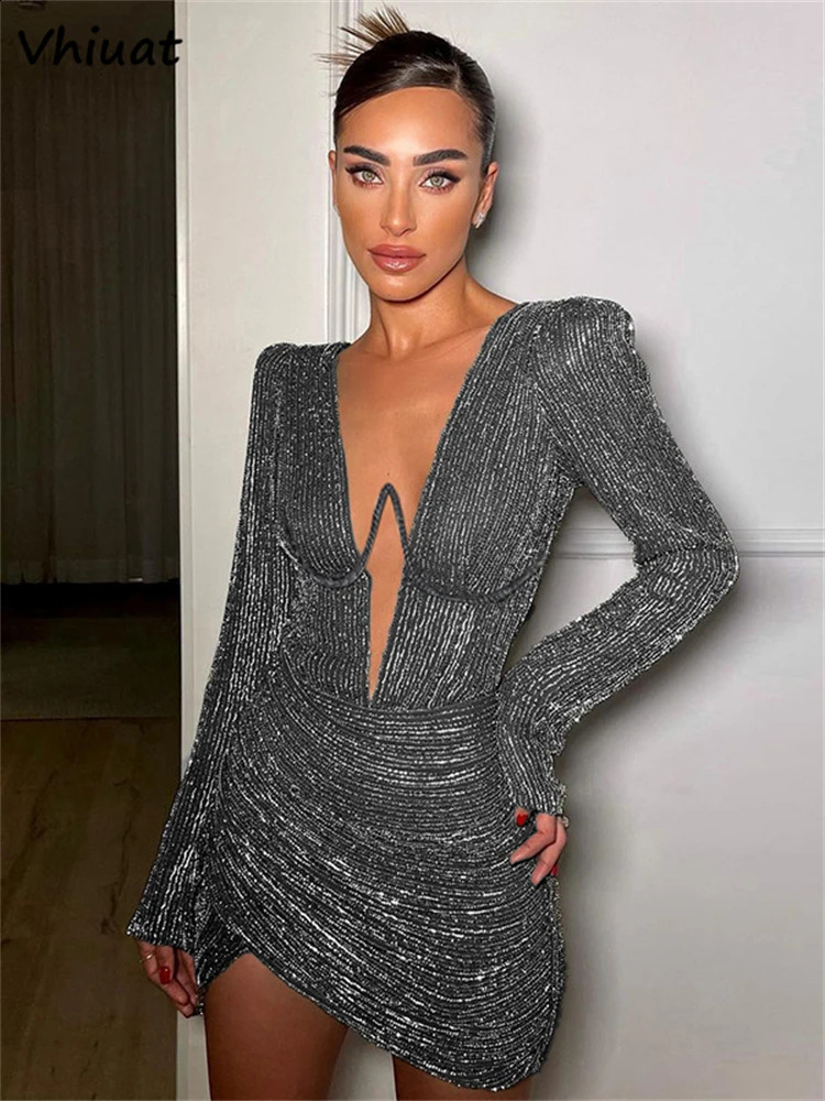 Vhiuat femmes mode basse coupe manche longues robes de fête sexy club de fête élégante robe blanche d'automne bureau d'hiver dame 250808