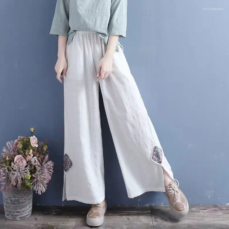 Women's Pants Summer Loose Casual Slimming Thin Cotton Linen Wide Leg Artistic Retro Embroidery Patchwork Long Trousers