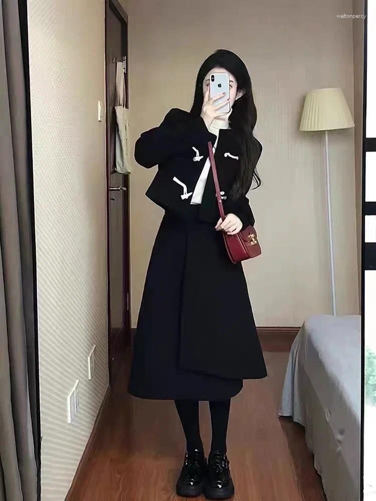 Two Piece Dress Lnsozkdg High-end Slimming Elegant Woolen Coat Long Skirt Two-piece Set Women's 2025 Autumn Winter High Quality Suits