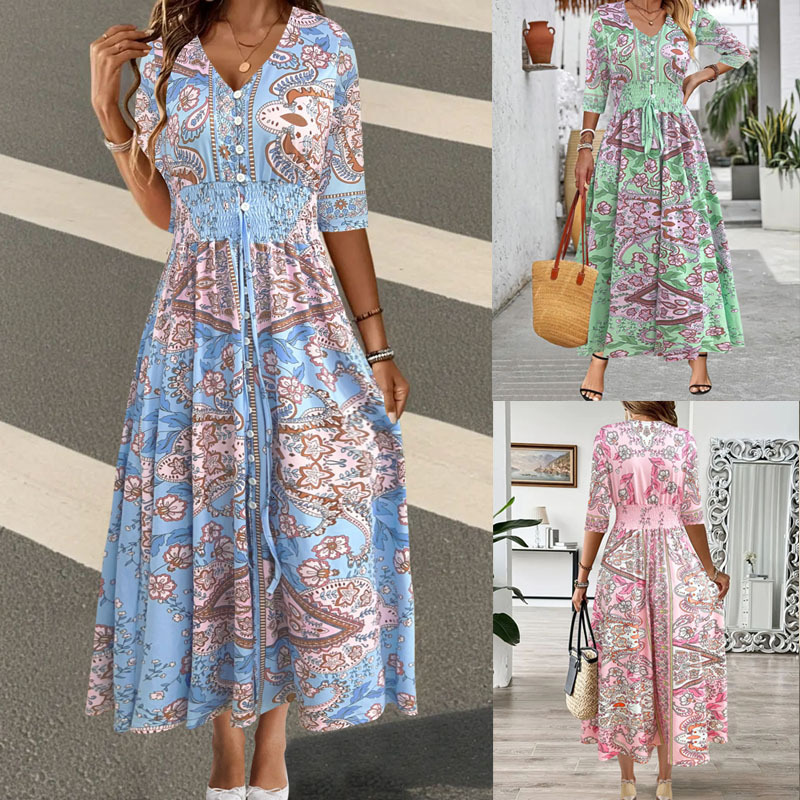 Plus Size Bohemian Print Elegant V-neck Long Sleeve Maxi Dress