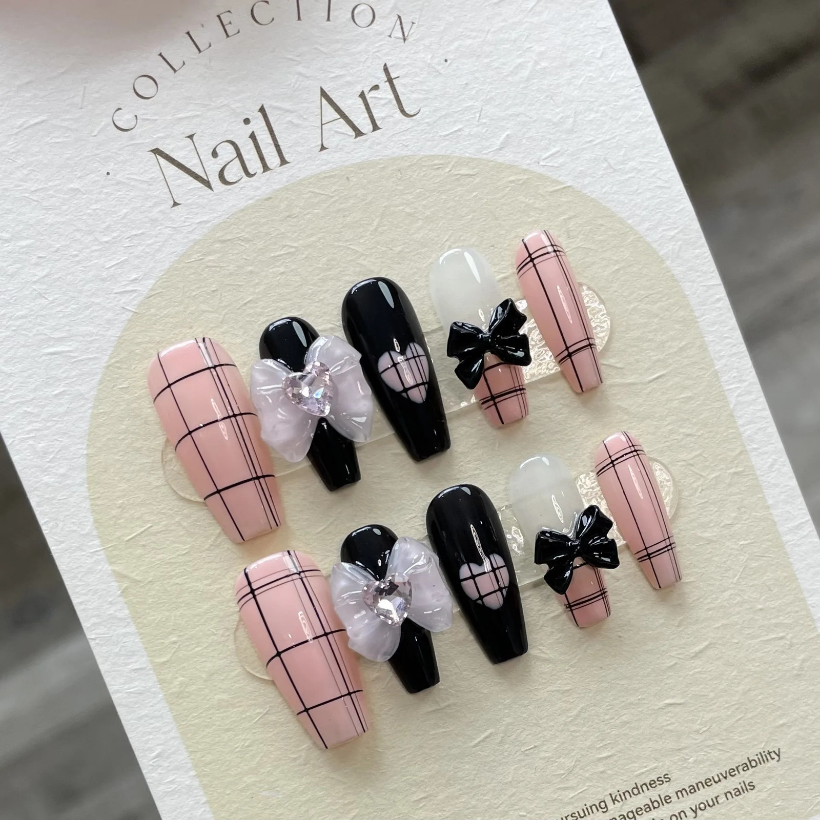 Handmade Press on Nails Black Bowknot Gird Pattern Fake Nails Women Girl Wearable Detachable Korean Style False Nails 250812