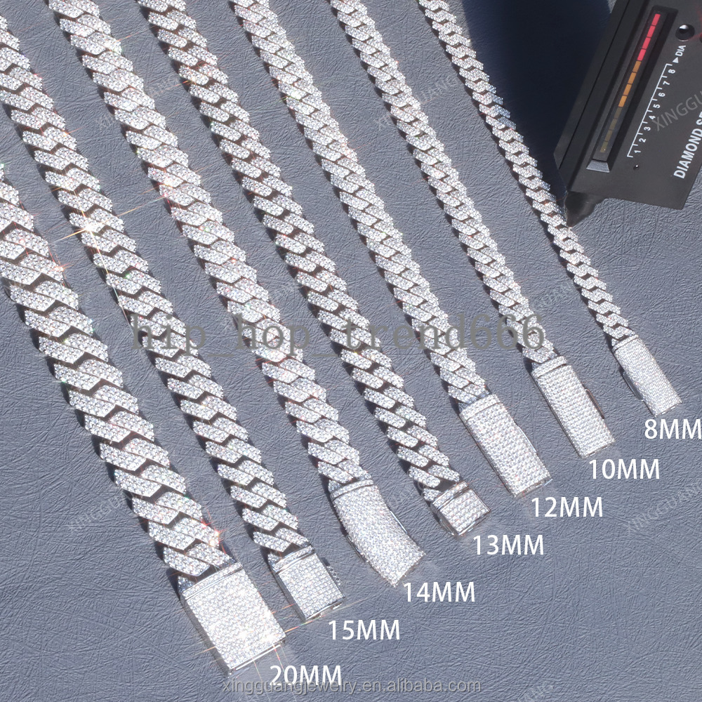 Hip Hop Iced Out Cuban Chain Necklace 10mm 12mm 14mm 100% Pass Diamond Test Vvs Moissanite 925 Silver Cuban Link Chain
