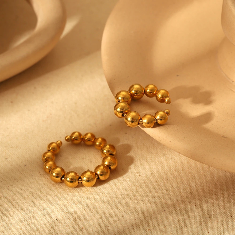Fashion Minimalist 18K Gold Plated Bead Chain Ear Cuff Waterproof Stainless Steel Gold Beaded Opening Rings Jewelry Set 250812