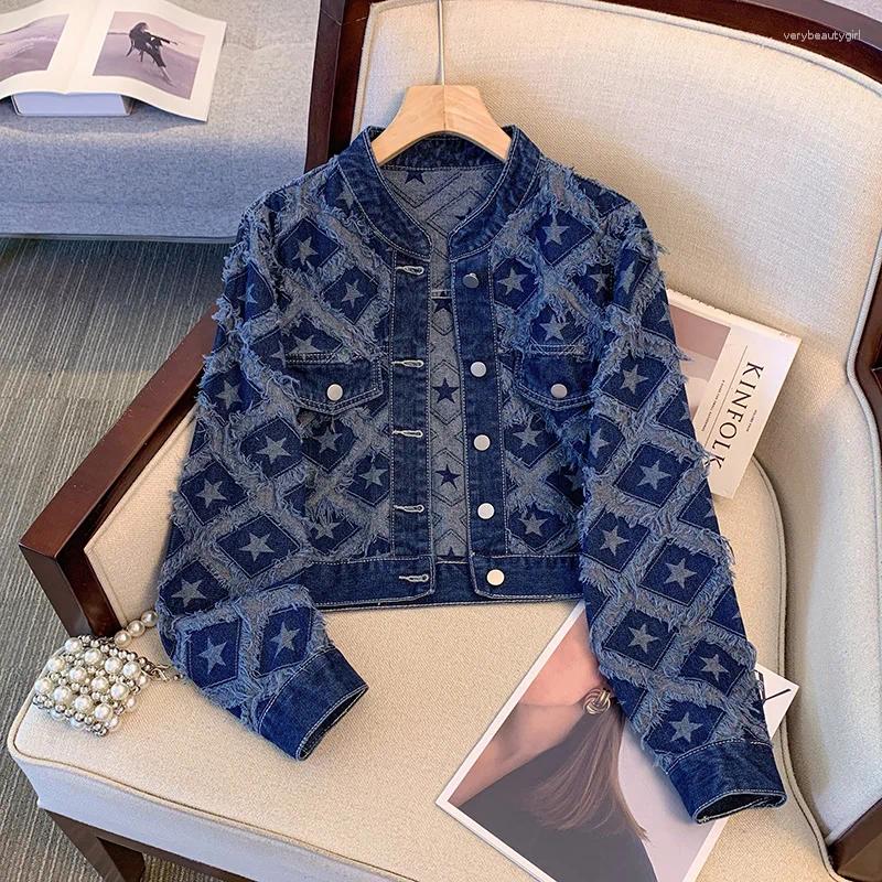 Women's Blouses Vintage Denim Jacket Women Autumn Tassel Short Top Fashion Loose Outerwear Single Breasted Long Sleeved Casual Jeans Coat