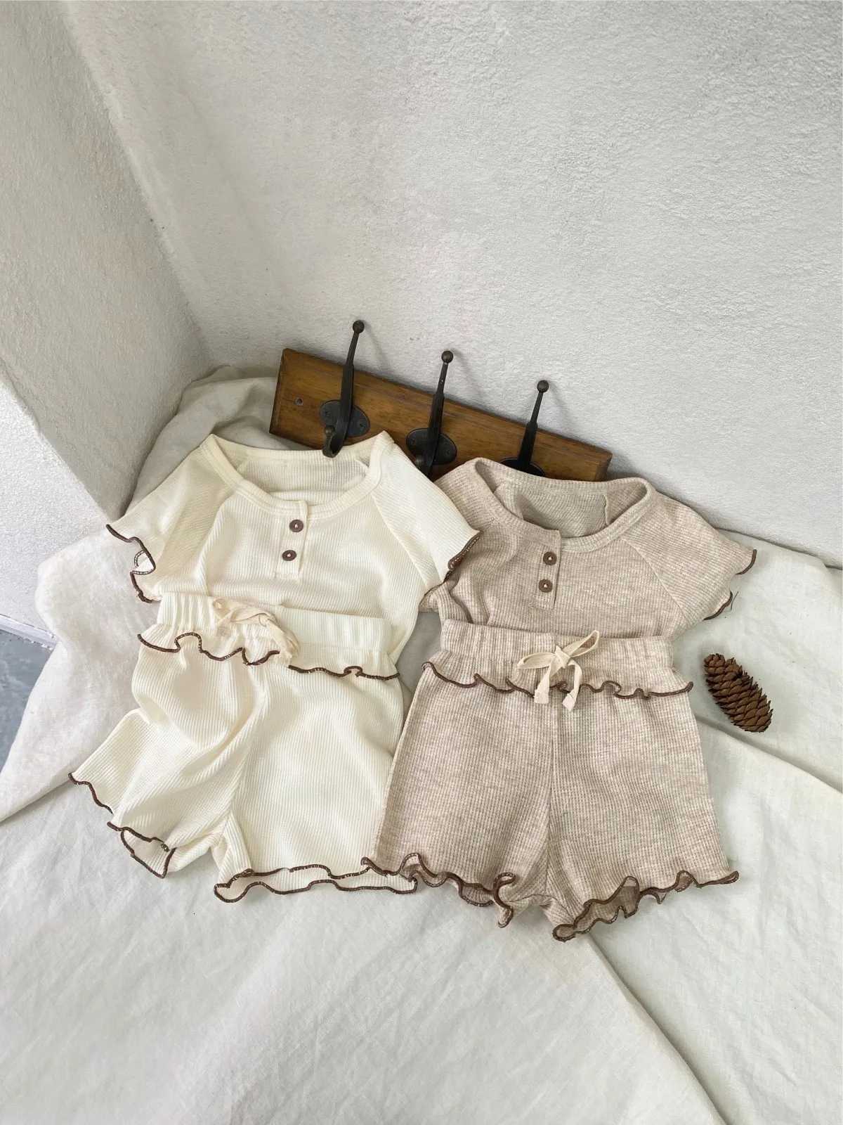 TZ2626 New girls short sleeved summer sle baby waffle wave edge short sleeved T-shirt+shorts two-piece set XJ250815