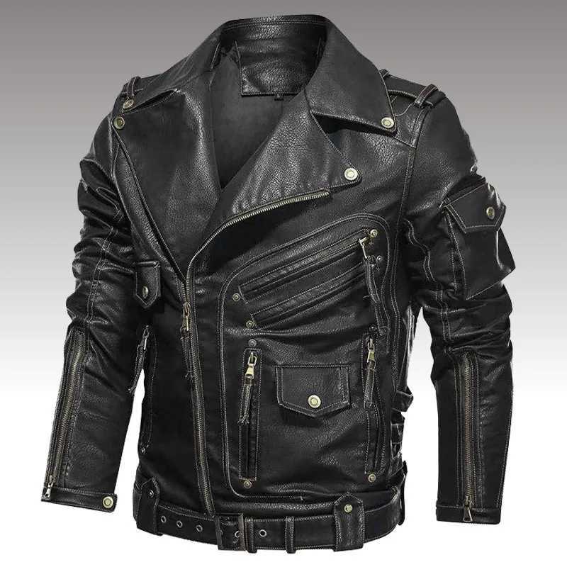 Winter PU Leather Jacket Men Fashion Motorcycle Faux Leather Jacket Male Autumn Cool Zipper Pockets Outerwear Coats Clothing W250815