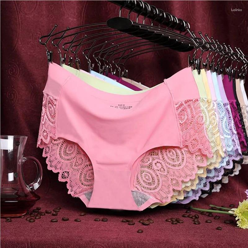 Women's Panties Ice Silk Sexy Underwear Floral Crochet Lace Seamless Breathable Ladies Soft Cotton Crotch Elastic Briefs