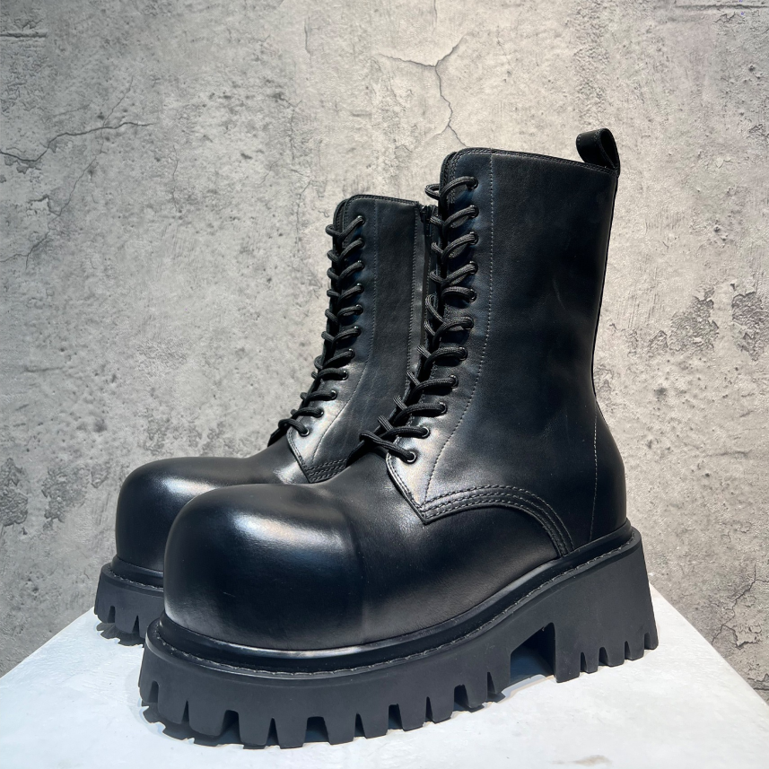 Bottes de travail de la mode de l'orteil rond pour hommes - cuir authentique noir, fermeture éclair latéral, semelle de plate-forme épaisse, lift