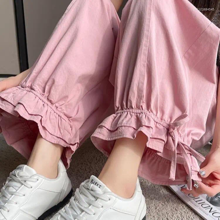 Women's Pants Sweet Korean Stretch Waist Thin Straight Y2k Aesthetic All Match Casual Pleated Bloomers Preppy Style Trousers