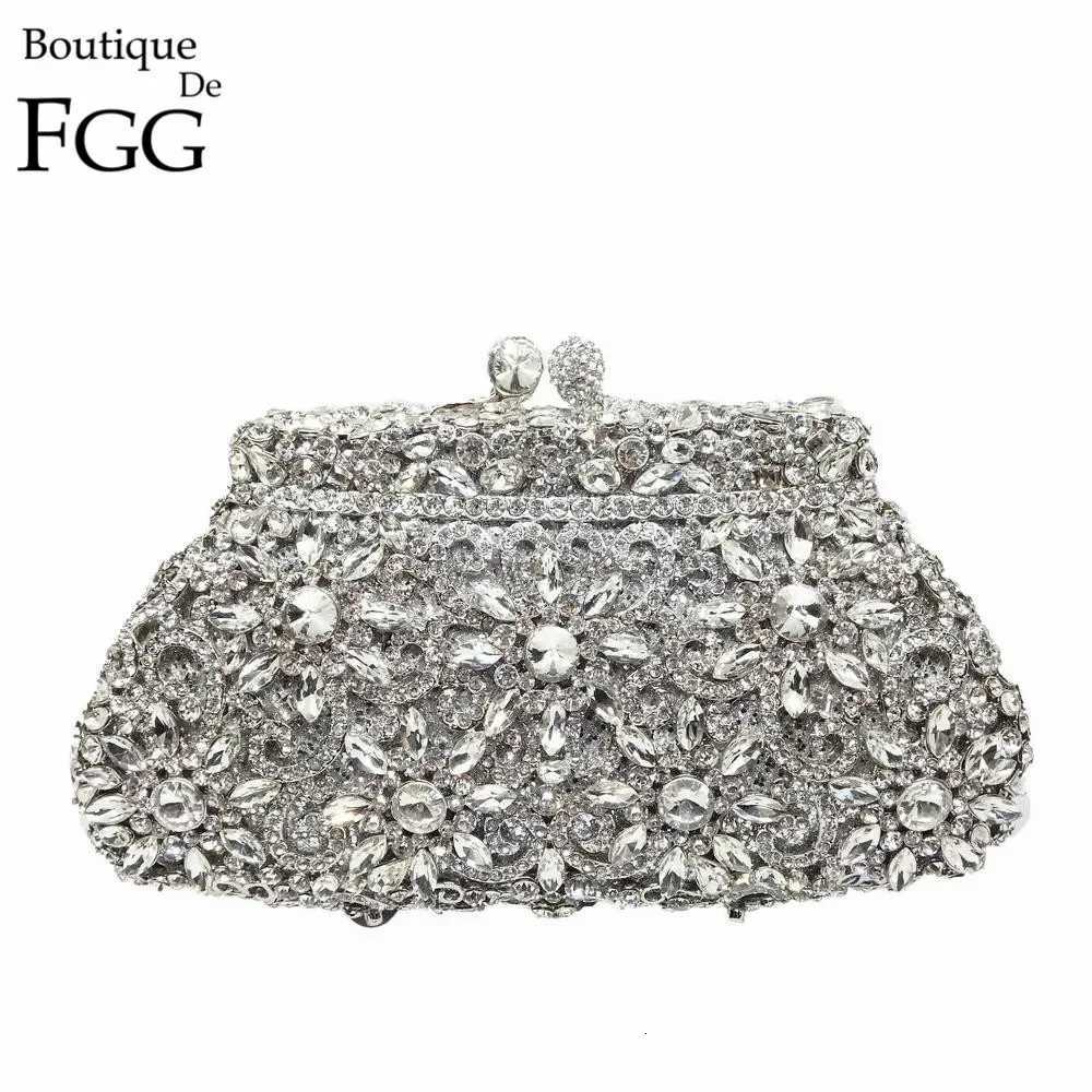 Boutique De FGG (in stock) Flower Crown Clutch Silver Crystal Evening Handbag Women Party Prom Bag Bridal Clutches Wedding Purse Z250815