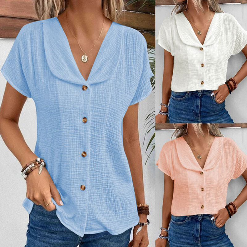 Plus Size Simple Style White Short Sleeve Shirt Summer Doll Collar Single-Breasted Cardigan Top