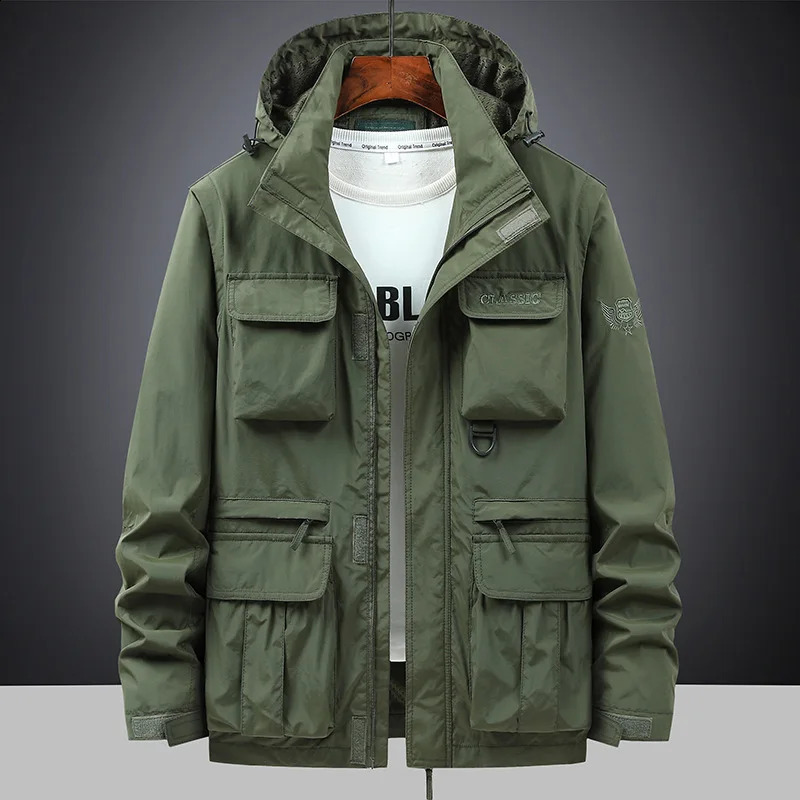 Mens Cargo Jacket Spring Outdoor Solid Color Motorcycle Windproof Multi Pocket Detachable Sleeve Coat Windbreaker 250814