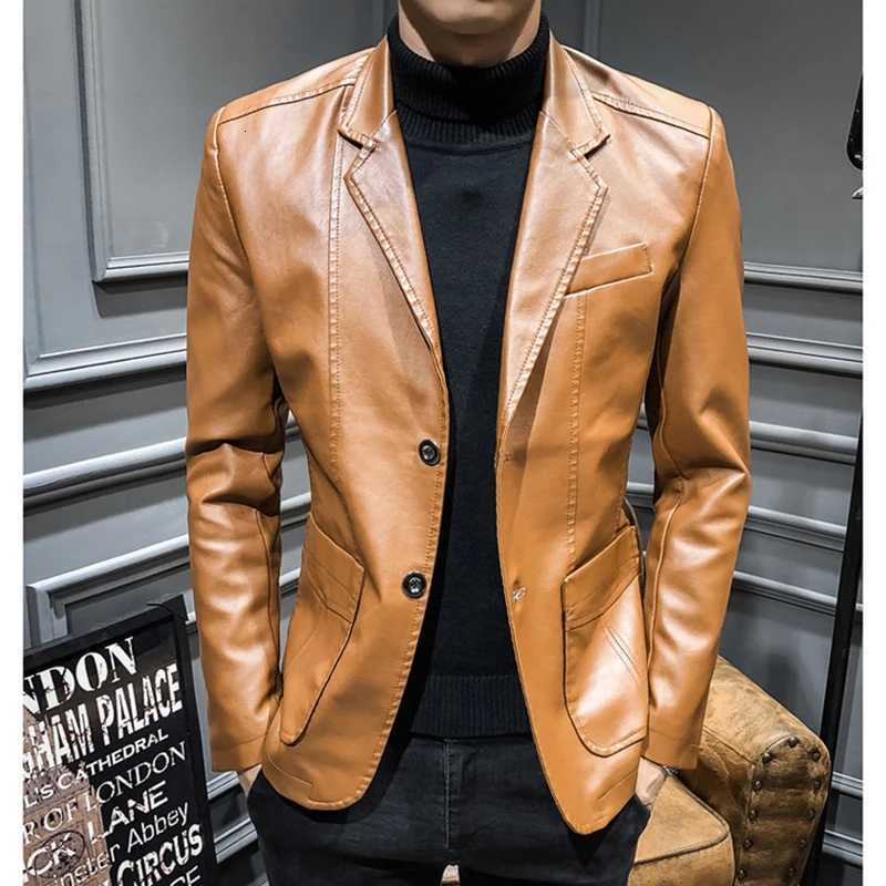 202 New Leather Jacket Streetwear Fashion Mens Leather Suit Jacket Clothes Casual Slim Fit Button Yellow Blue PU Blazer Coats W250815
