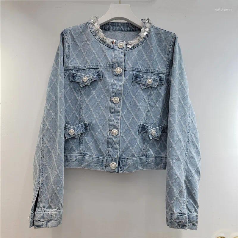 Women's Jackets YEAE Heavy Industry Sequin Rhombus Crew Neck Short Denim Jacket 2025 Spring Versatile Long Sleeve Top