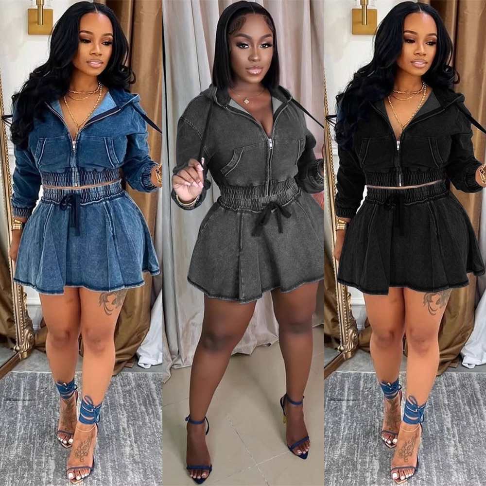 Plus Size S-3XL Denim Skirt Set New Fashion Jeans Jacket Two Piece Set Women Long Sleeve Zipper Coat Casual Mini Skirts Dresses Sets