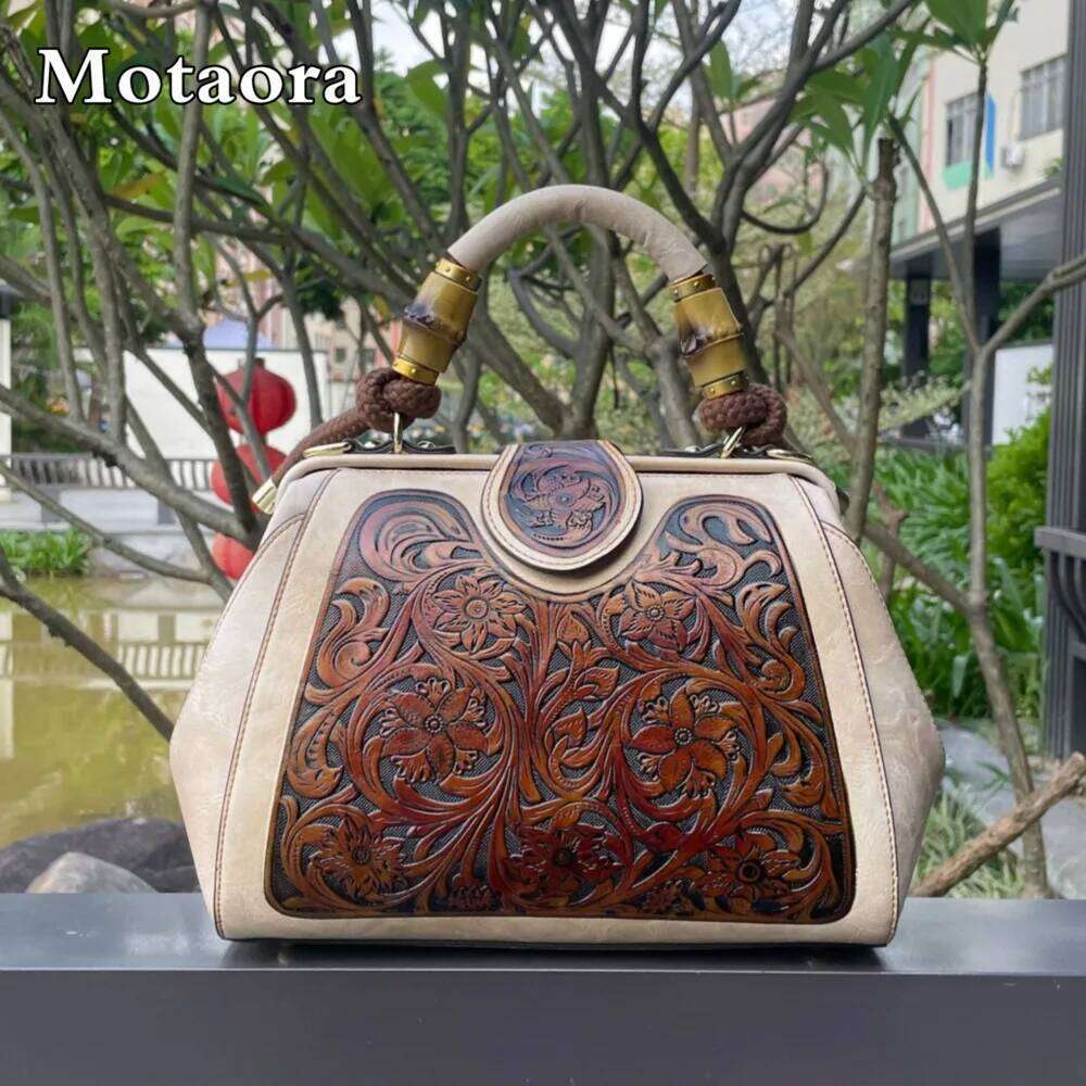 MOTAORA Handmade Women Shoulder Vintage Carved Leather Women's Bag 2025 Trend Ladies Designer Handbags Female Bags