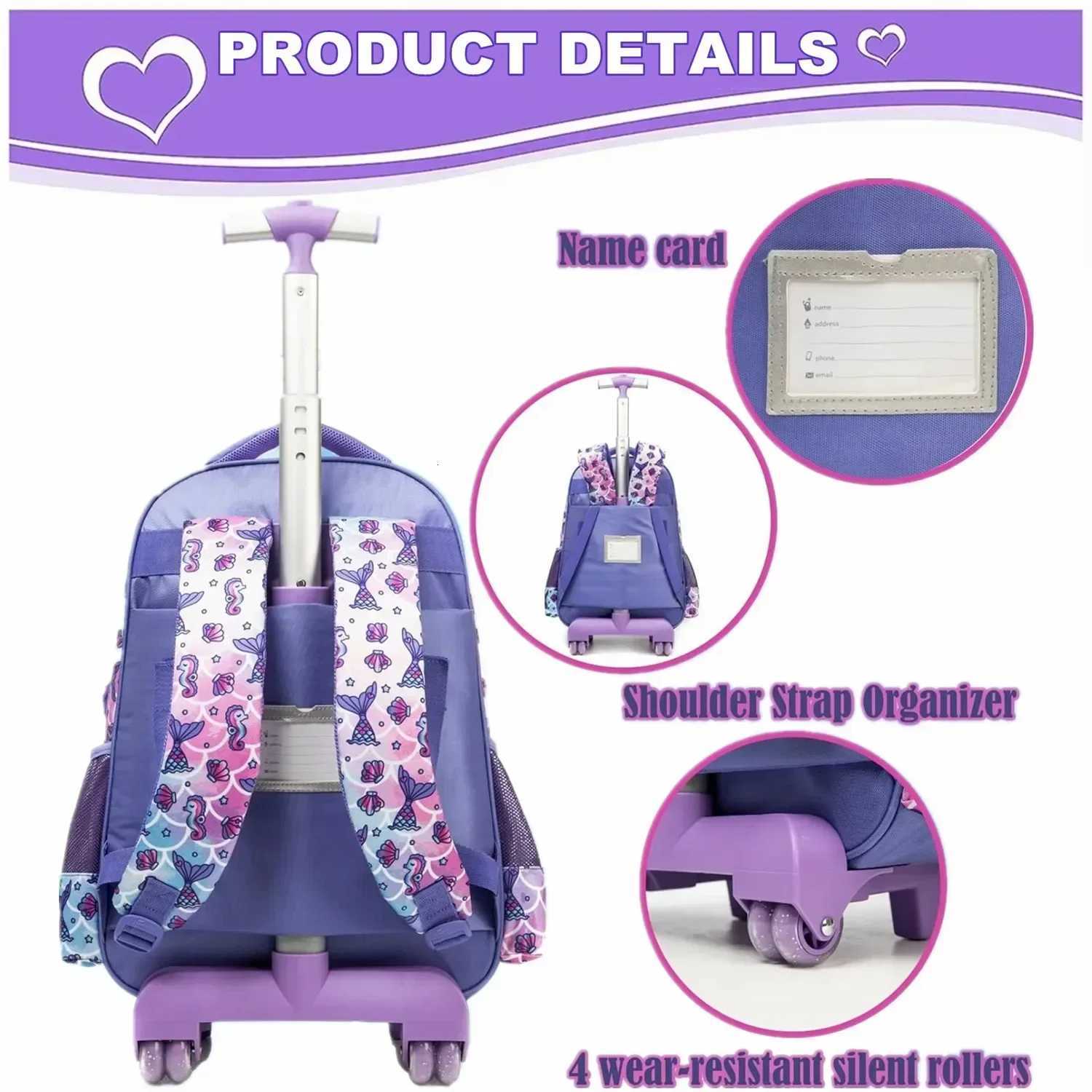 Sacs d'école de chariot de voyage 3 en 1 pour filles avec des roues Sac à école avec boîte à lunch pour les élèves du primaire x250815