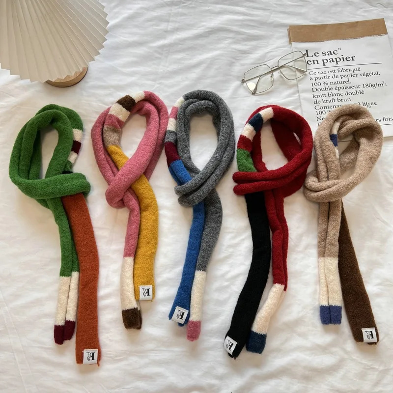 Niche Striped Color Matching Thin Narrow Long Wool Scarf Womens Knitted 250813