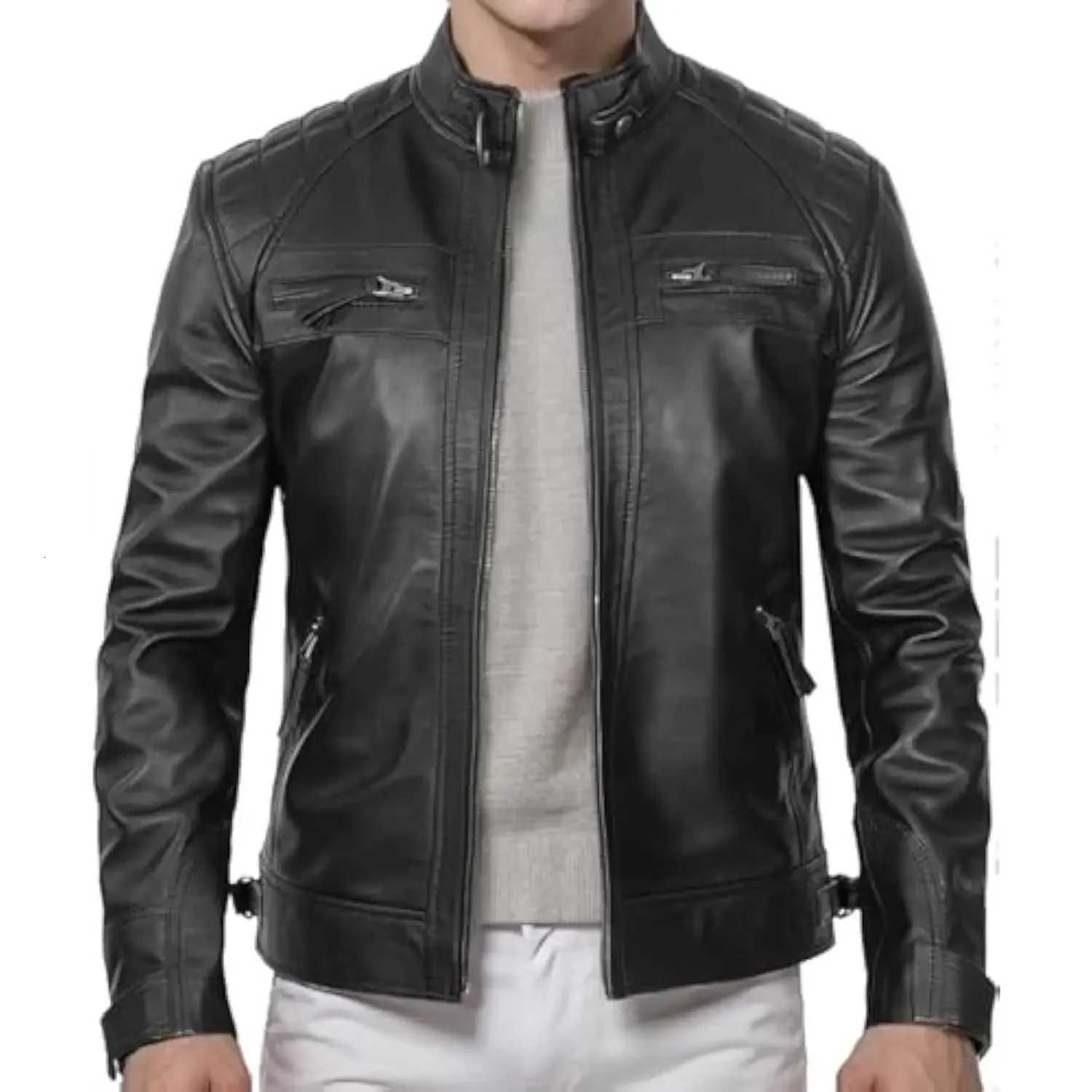 Man Mens Black PU Leather Biker Classics Jacket Vintage Real Motorcycle Jackets for Men Slim Fit Faux Leather Outerwear Coats W250815