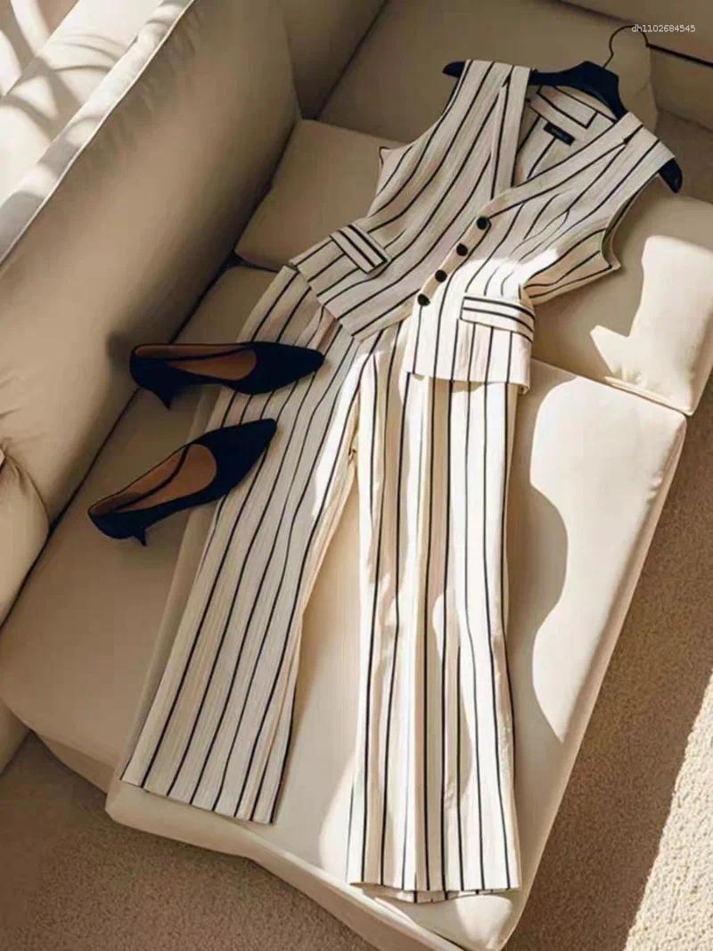 Women's Two Piece Pants Fashion Striped Summer Suit Temperament Sleeveless V-neck Vest Top Angle-Length Wide Leg Set OL