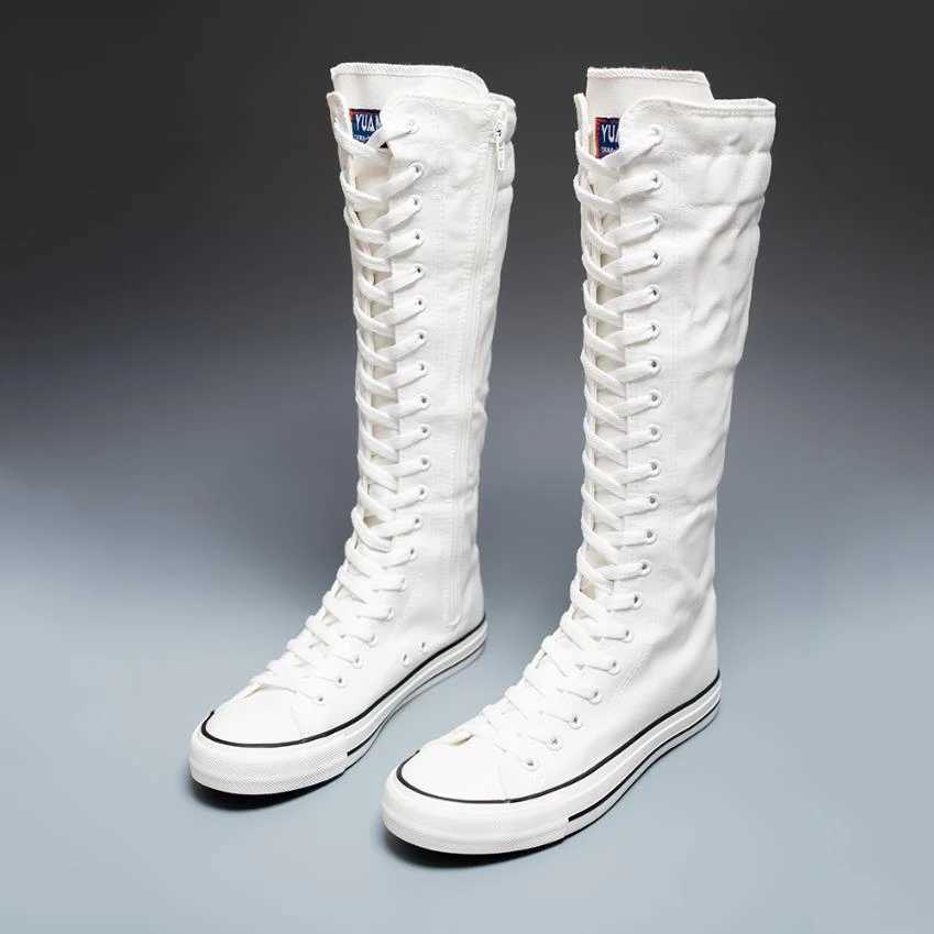 Canvas Long Boots for Women High Top Women Canvas Shoes Lace Knee High Boots Flats Casual Vulcanized Shoes Sneakers Girls