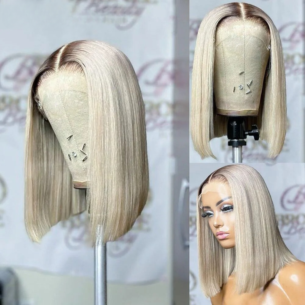 Platinum Blonde Bob Wigs Human Hair 13X4 Straight Lace Front Wig Ombre Ash Blonde Wig Short Lace Frontal Wigs Synthetic Ready To Wear