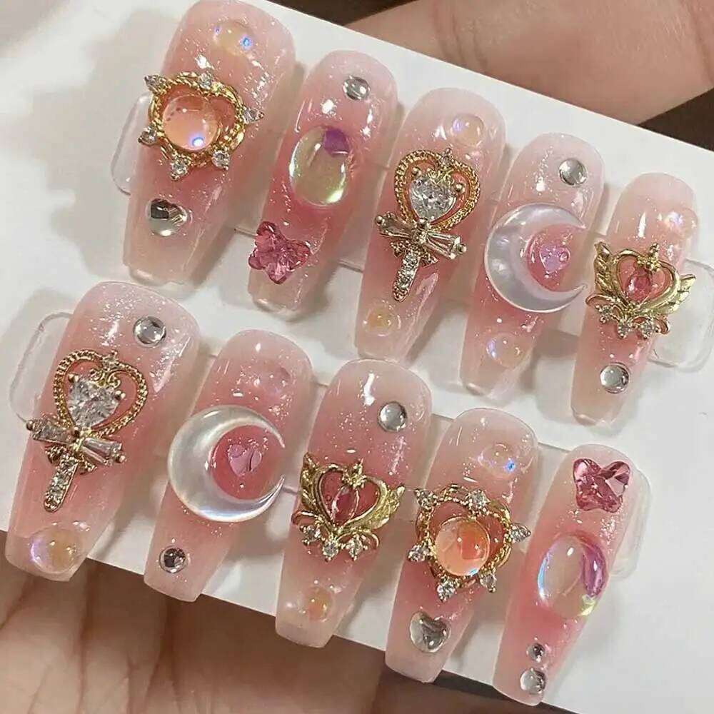 24pcs/box Pink Long Coffin Fake Y2K Moon Star Rhinestones Press On Handmade Full Cover Reusable False Nails X250815
