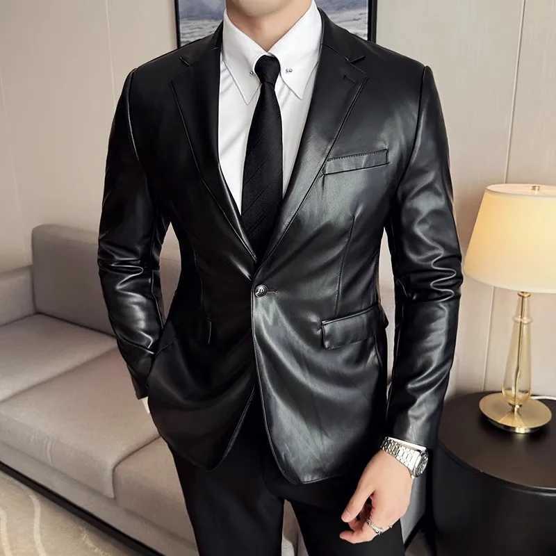 Veste en cuir de haute qualité hommes Single Button Slim Blazers en cuir masculin Business Casual Casection Costs Solid Pu Lawear Men W250815