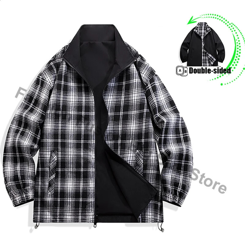 American Vintage Plaid Reversible Jacket Mens Autumn Lapel Zipper Baseball Uniform Y2K Streetwear Outerwear Bomber jackets 250814