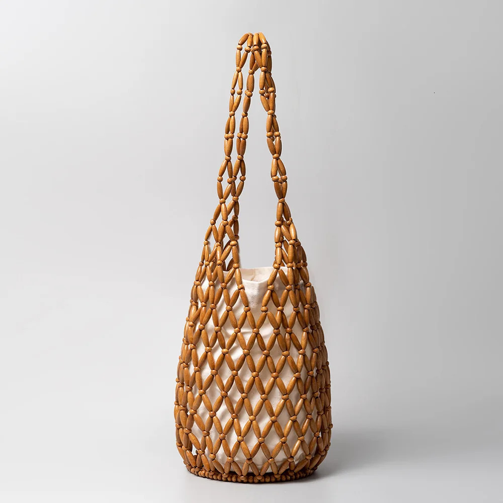 Women Woven Hand Bag Exquisite Hollow-out Wooden Bead Tote Bucket Shoulder Bag Female Summer Beach Handbag250813