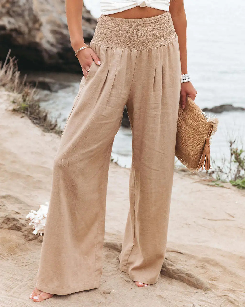 Womens casual pants with drawstring mid waist beach wide leg spring and summer European and American pants250813