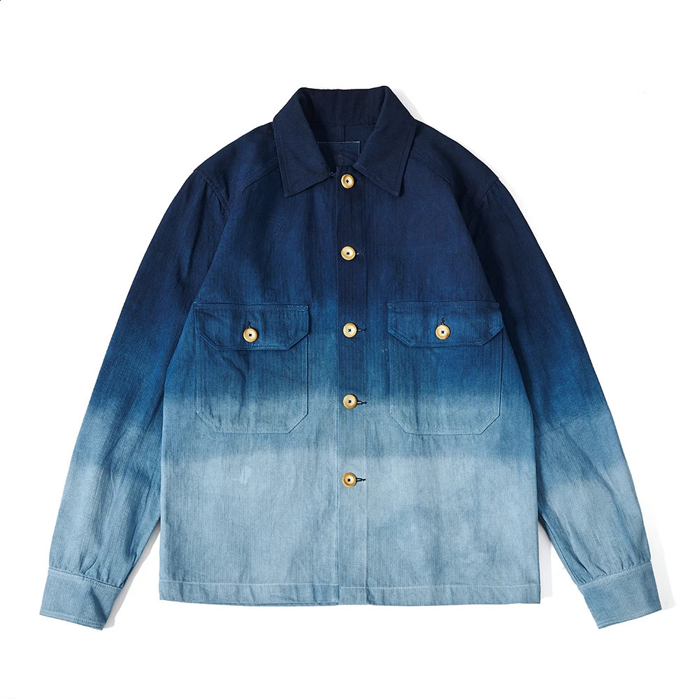 Vintage Herringbone Cargo Indigo Veste Men de printemps Automne Automne Mulgocket Gradient Blue Dyed Casual Cardigan Coat 250814