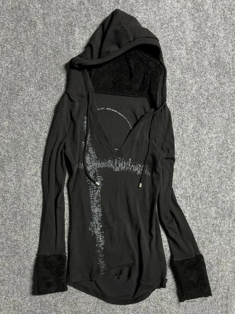 American Vintage Black VNeck Printed Hooded Long Sleeve Sweatshirt Stylish High Street Pullover Top Streetwear Women 250815