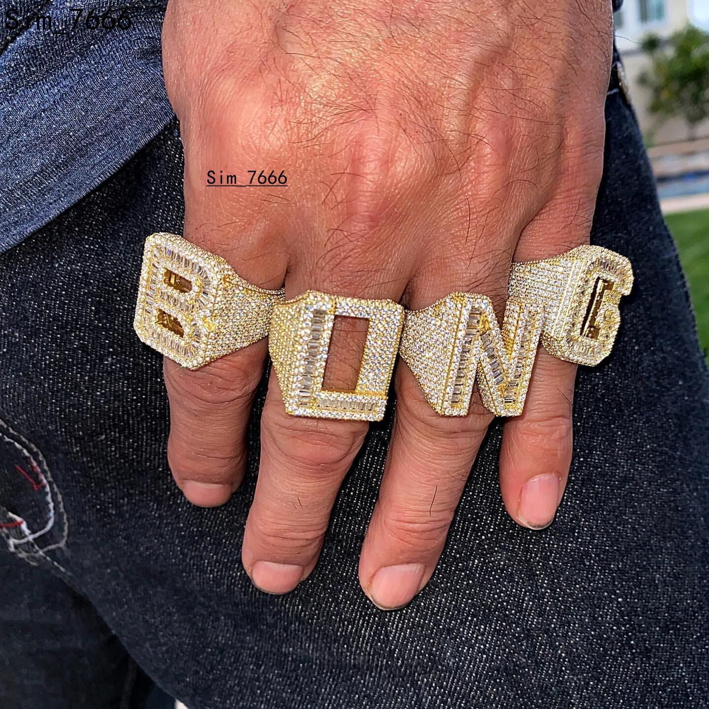 Luxury Iced Out 925 Sterling Silver Baguette VVS Moissanite Diamond Custom Hip Hop Letter Ring for Men
