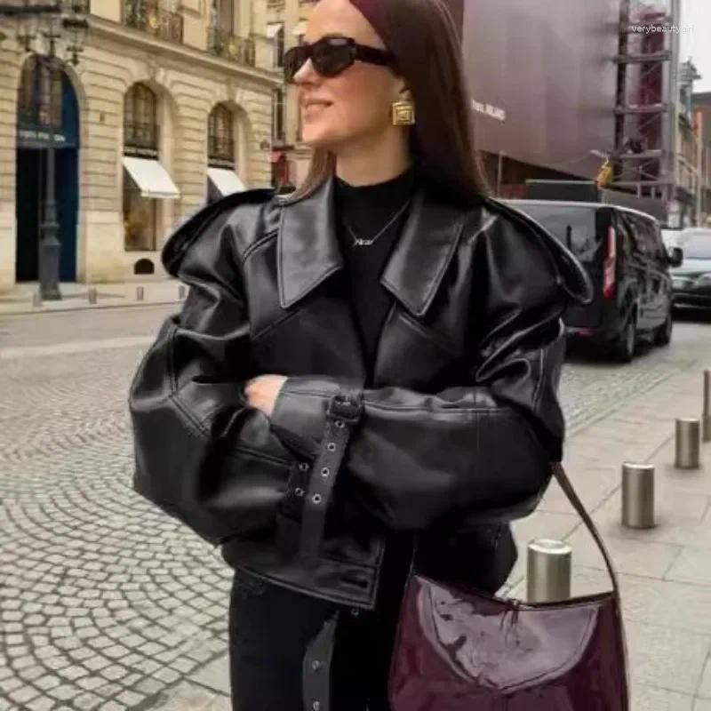 Women's Leather Casual Street Jacket Women Solid Lapel Long Sleeved Belt Crop Female Coats 2025 Autumn Y2k Fashion Loose Pu Outwear Lady