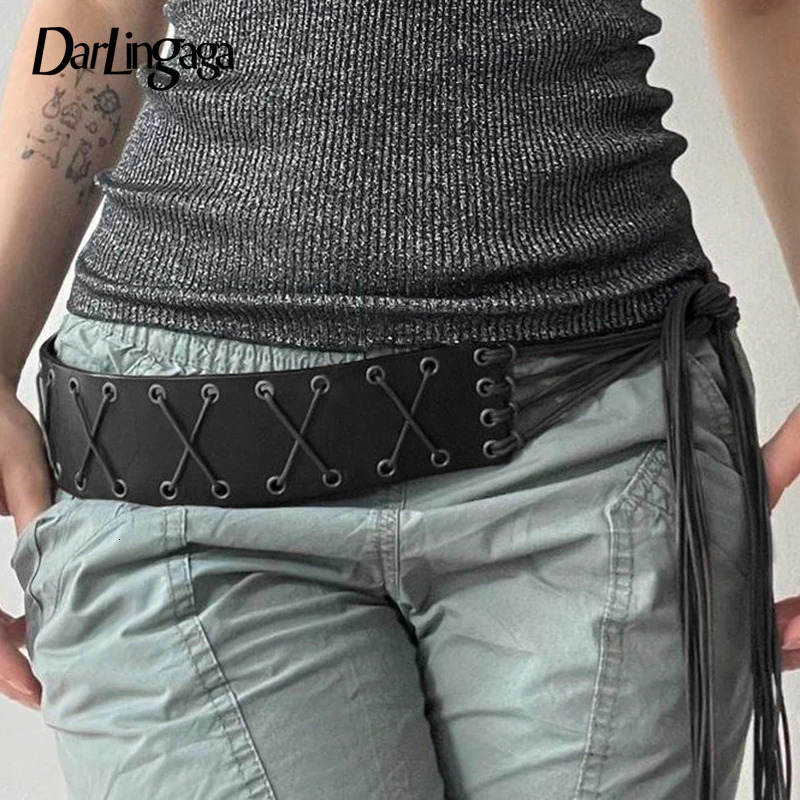 Darlingaga Black Streetwear With Tassel PU Leather Waistband Womens Eyelet All Match Wide Belt Accessories Harajuku Trend 2025250812