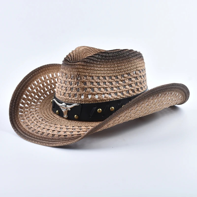 Straw Western Cowboy Hat for Women Men Summer Hollow Out Beach Sun Hats 250807