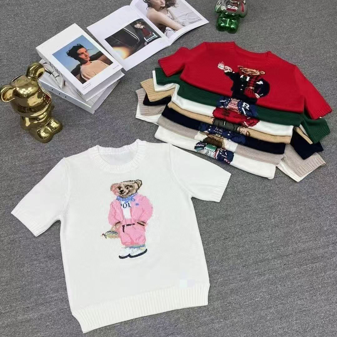European-style pullover sweater, heavily embroidered pure cotton bear cartoon new loose round-neck short-sleeved knitted sweater top