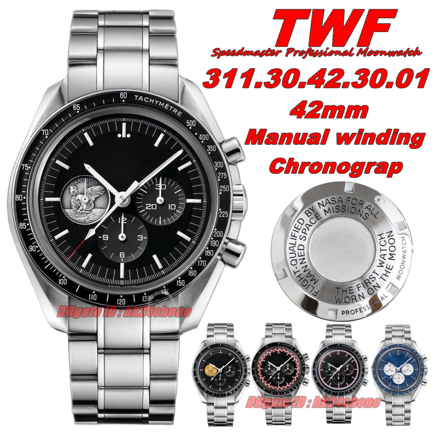 TWF Luxury Watches 42mm Professional Moonwatch Chronograph 1863 Manual winding Mens Watch Black Dial Stainless Steel Bracelet Gents Wristwatches 311
