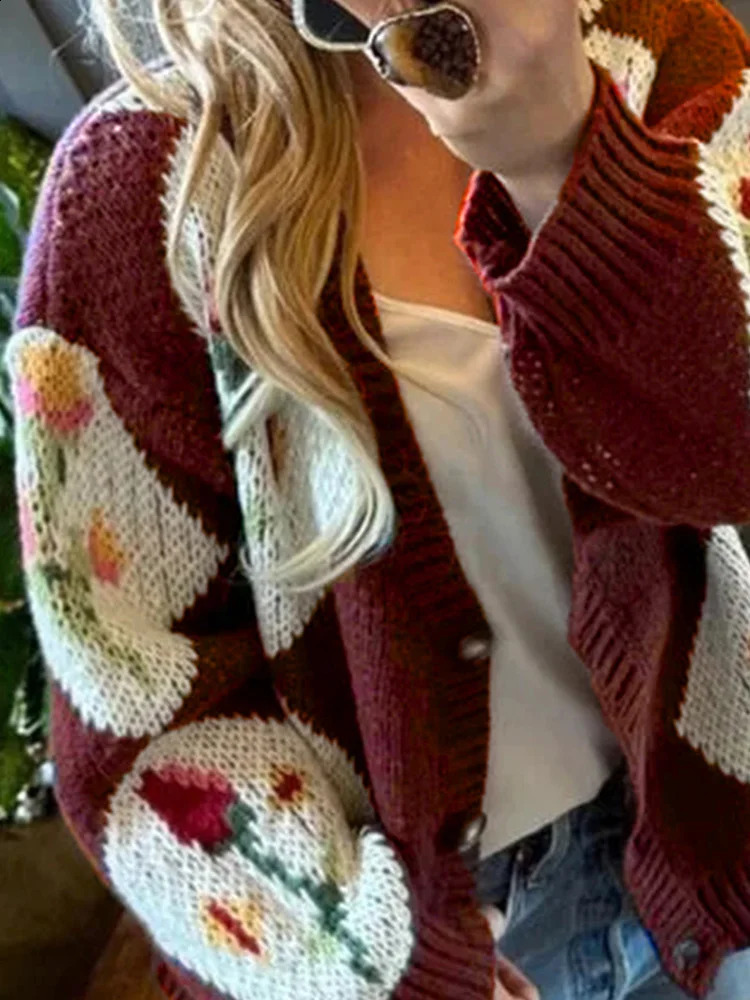 Elegant Vneck Loose Knit Cardigan Fashion Jacquard Contrasting Colors Outerwear Casual Long Sleeve Sweater Coat For Women 250815