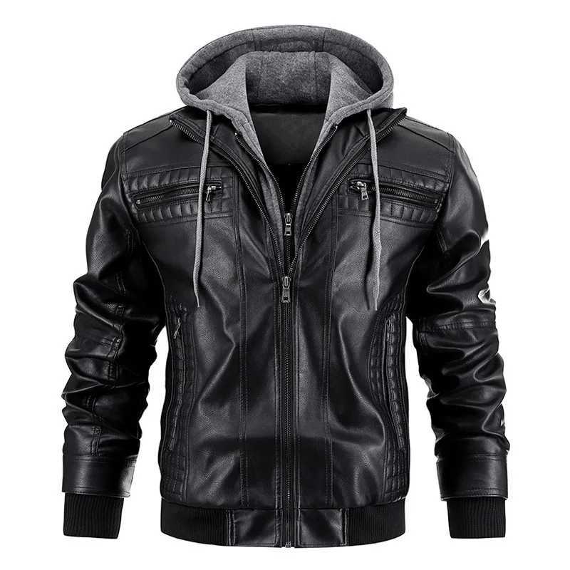 Mens PU Leather Jacket Hooded Motorcycle Slim Fit Casual Coats Men Autumn Winter Windproof Hat Detachable Biker Leather Outerwear W250815