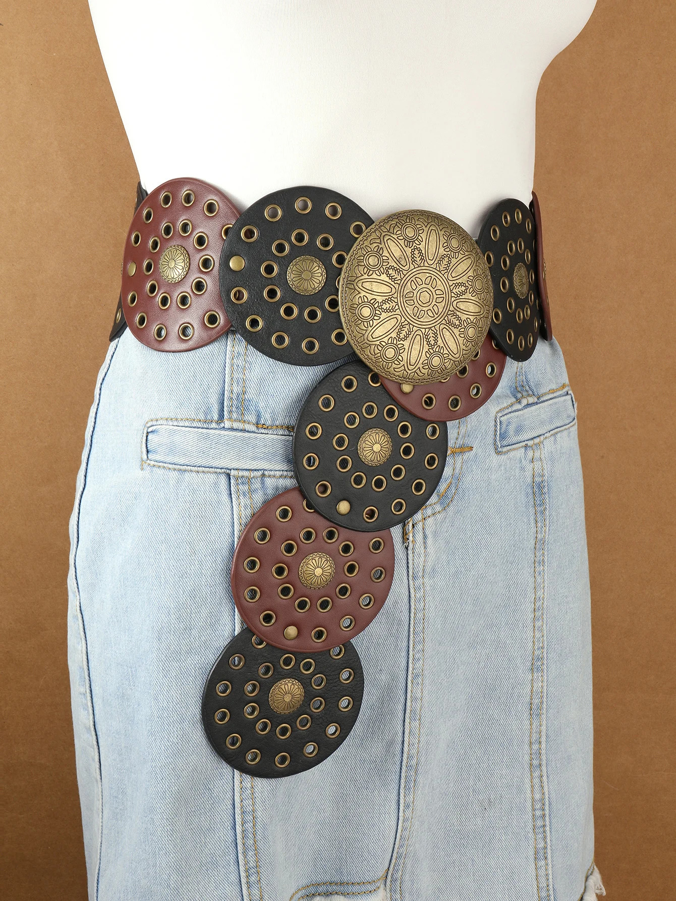 Vintage western Denim belt fashion handmade leather waist chain for women g big rivet hole PU leather belt western eyelet round250812