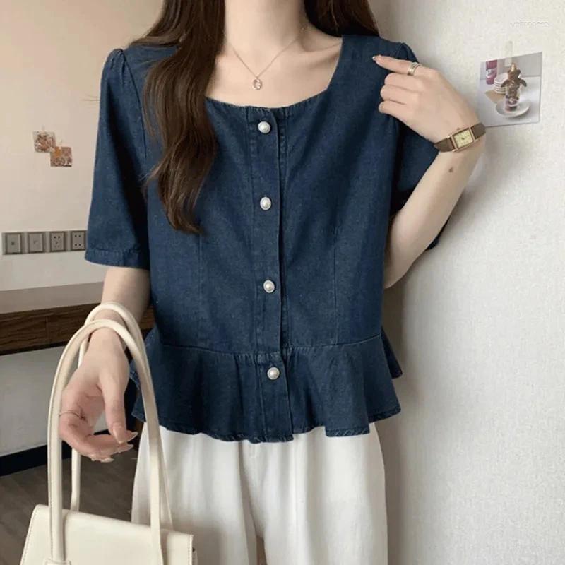Women's Sweaters Short Sleeve Denim Shirt Women Korean Retro Square Neck Cover Tummy Versatile Soft Loose